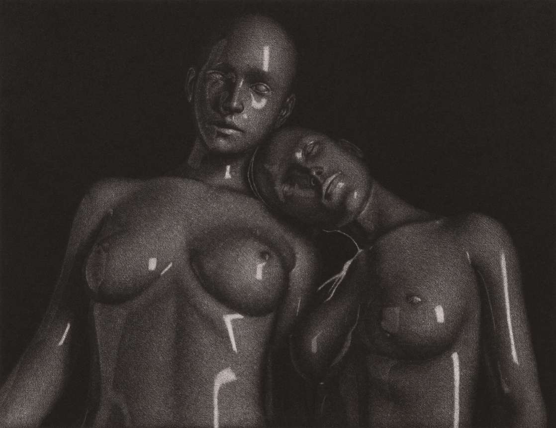 Image of mezzotint print "Two Girls" by Sergejs Kolecenko