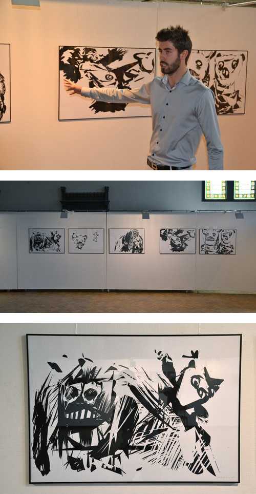 Sergejs Kolecenko standing in front of his Silkscreen print series titled Lost at his Bachelors Degree show in Art Academy of Latvia. Series are composed of 5 silkscreen images