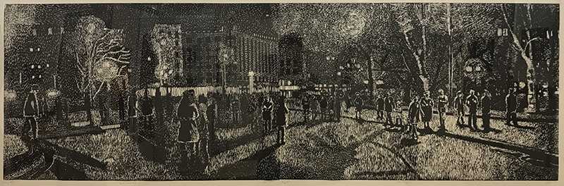 Linocut print by Sergejs Kolecenko with view of Riga City Near Liberty Monument